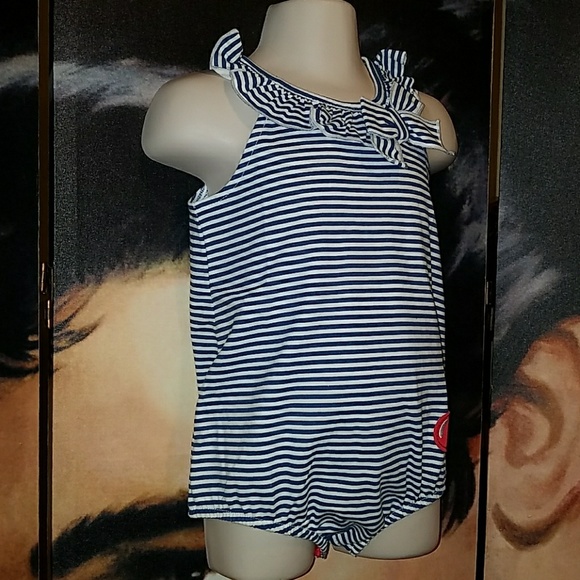 RockABilly Girl Blue Stripe Romper w Cherry Bottom - Picture 7 of 8
